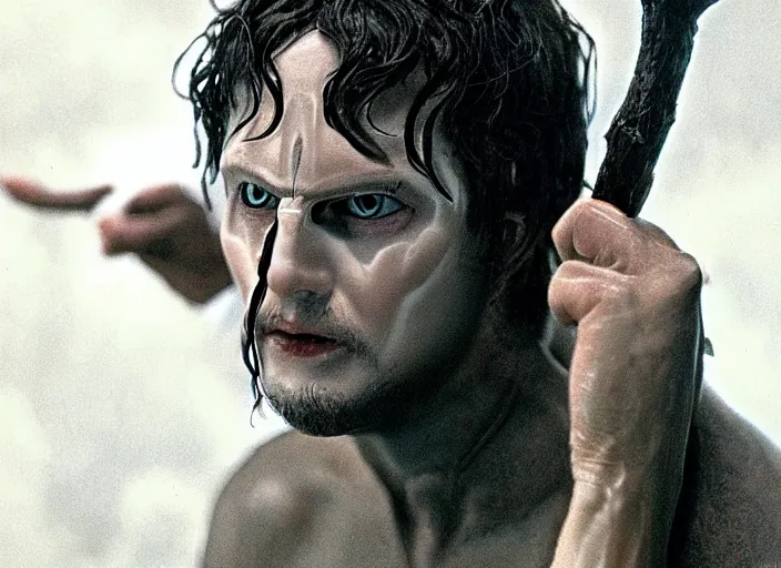 Image similar to white man with black fabric mask, short dark hair, true anatomy!, photorealistic, film still, style of lord of the ring by peter jackson - h 7 6 8