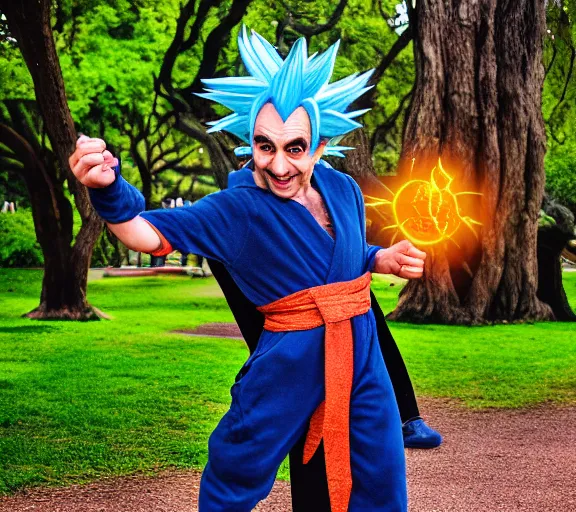 Prompt: portrait photo of mr bean as super saiyan, in a park by luis royo. soft light. sony a 7 r iv