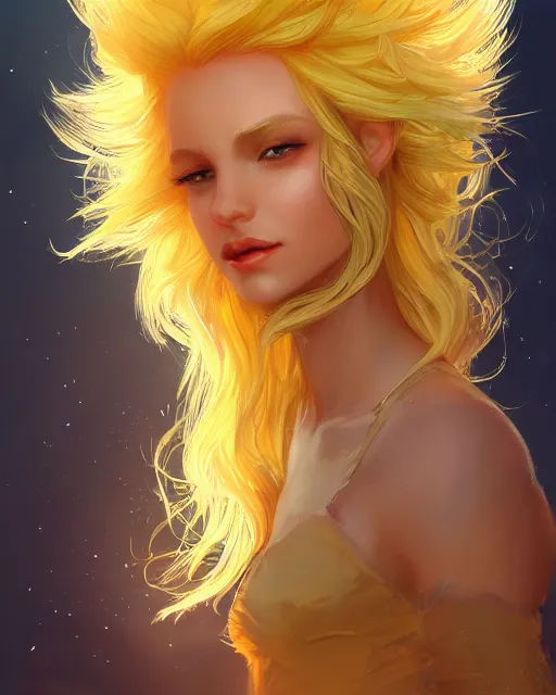 Image similar to a beautiful sun goddess, flowy yellow golden hair, golden eyes, sun, summer, cinematic lighting, highly detailed, digital painting, trending on artstation, pixiv, concept art, sharp focus, illustration, art by ross tran and wlop, dark art