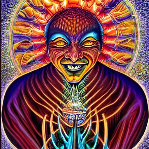 Prompt: Alex Grey artwork of a scheming jester offering a card
