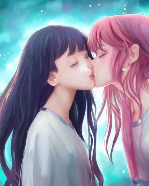 portrait of two girls kissing, anime, trending on, Stable Diffusion