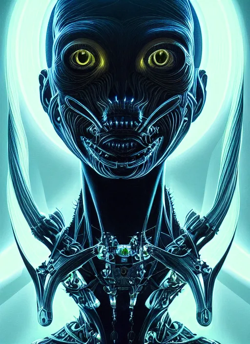 Image similar to symmetry!! portrait of grotesque alien, sci - fi!!, glowing lights!!, intricate, elegant, dark design, highly detailed, dark lighting, digital art, digital painting, artstation, sharp focus, illustration, art by artgerm and h r giger and greg rutkowski and alphonse mucha, 8 k