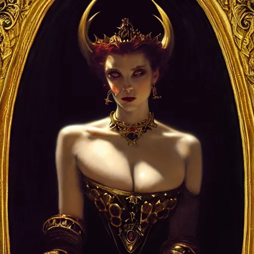 Image similar to perfectly centered portrait of attractive vampire queen in gold gothic robe sitting on a throne of black bones, painting by gaston bussiere, craig mullins, j. c. leyendecker, 8 k, mid shot