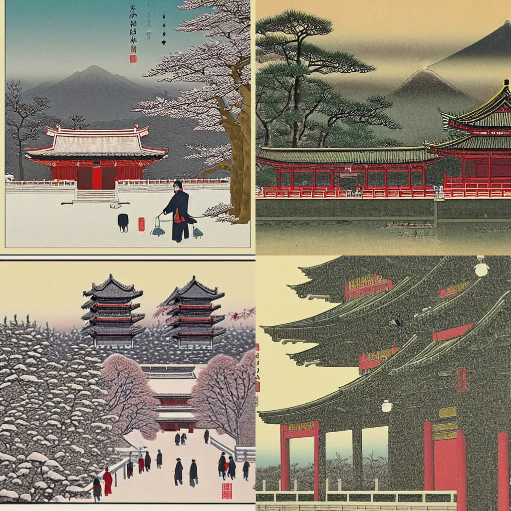 Prompt: Temple of Hangzhou in Winter, by Hasui Kawase