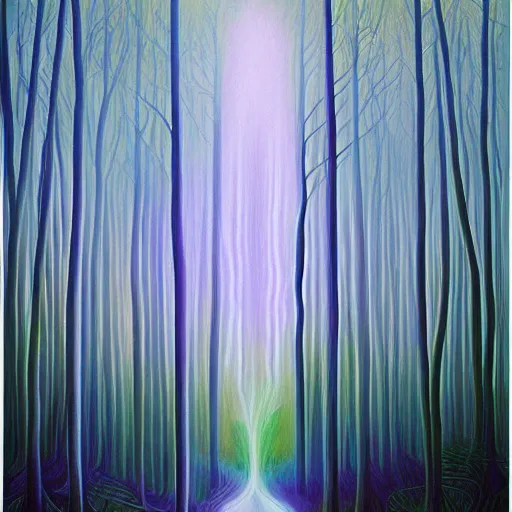 Image similar to painting of the master of light and energy in dense foggy forest by Alex Grey, acrylic art, ethereal, soothing, somber, elegant, warm light, cozy, glows,