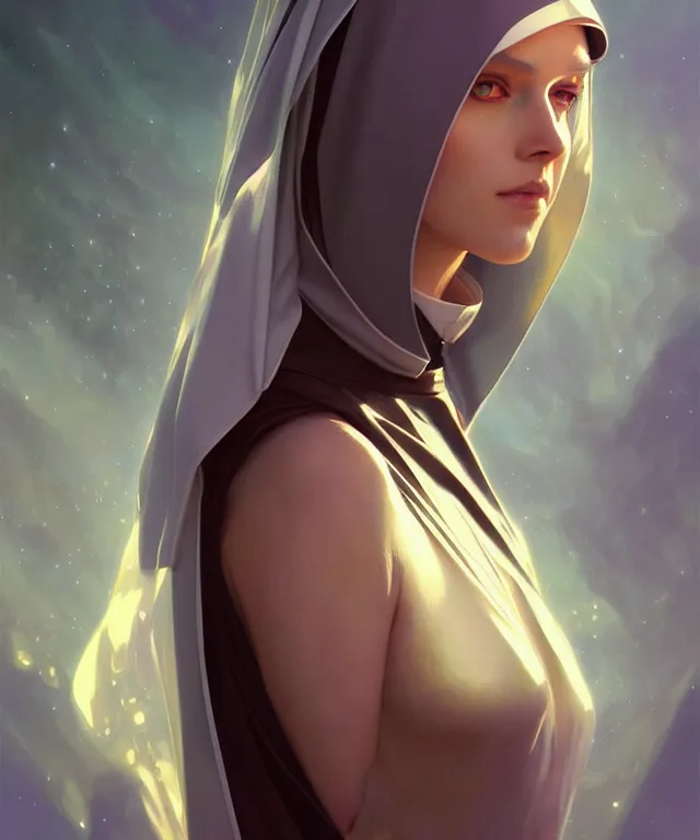 Image similar to futuristic nun woman portrait, sci-fi, amber eyes, face, long hair, fantasy, intricate, elegant, highly detailed, digital painting, artstation, concept art, smooth, sharp focus, illustration, art by artgerm and greg rutkowski and alphonse mucha