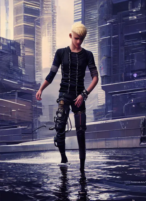 Image similar to photo of cyberpunk blonde male teenager walking on water in the style of stefan kostic, realistic, sharp focus, 8 k high definition, insanely detailed, intricate, elegant, art by stanley lau and artgerm