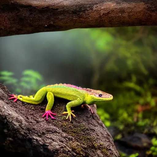 Image similar to highly detailed photograph of a lizard sitting in a steaming colorful hotspring with woodland forest backdrop, featured on artstation