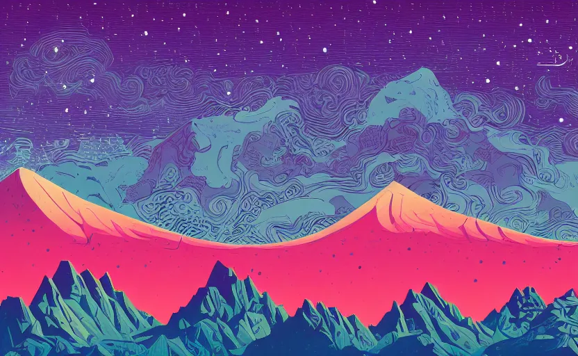 Image similar to mountains, stars and paisley filled sky, artstation, intricate, highly detailed, digital painting, concept art, sharp focus, illustration by tom whalen and charles williams and kilian eng and james jean