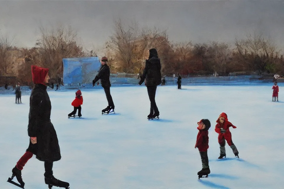 Image similar to “ice skating child and parent, surreal painting, wide angle”