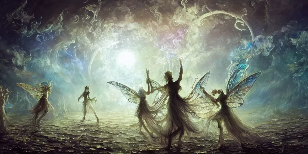 Image similar to concept art of translucent glowing fairies dancing, lovecraftian, renaissance, melting, round moon, rich clouds, fighting the horrors of the unknown, very detailed, volumetric light, mist, fine art, decaying, textured oil over canvas, epic fantasy art, very colorful, ornate intricate scales