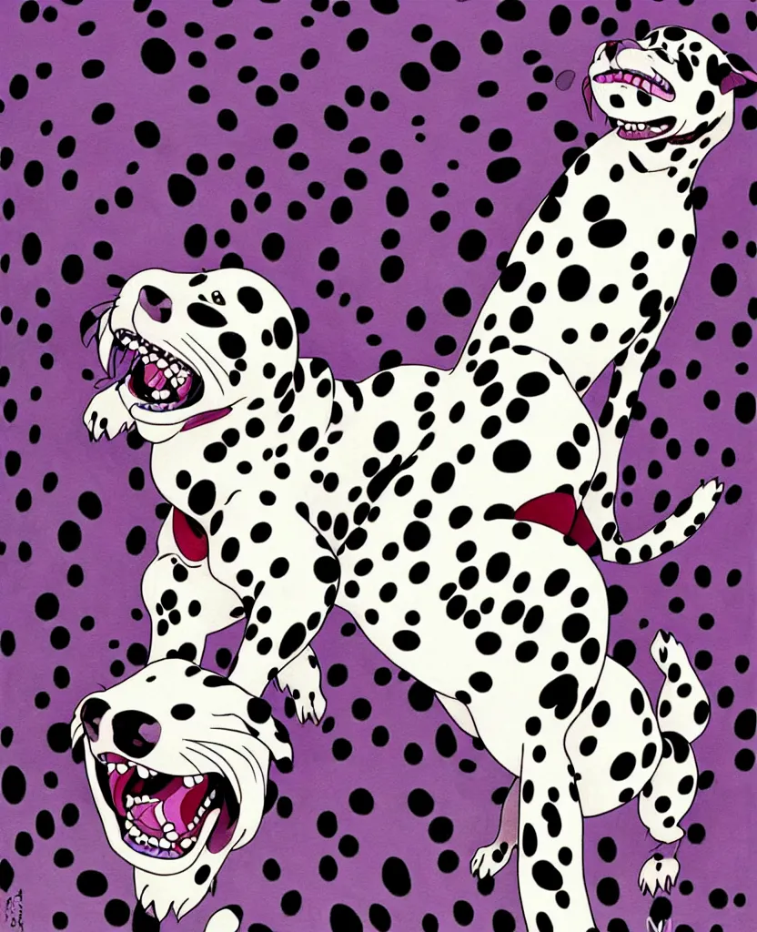 Image similar to beautiful painting from the anime film by studio ghibli, purple anthropomorphic Dalmatian, snarling, drooling, fur, by MC Escher