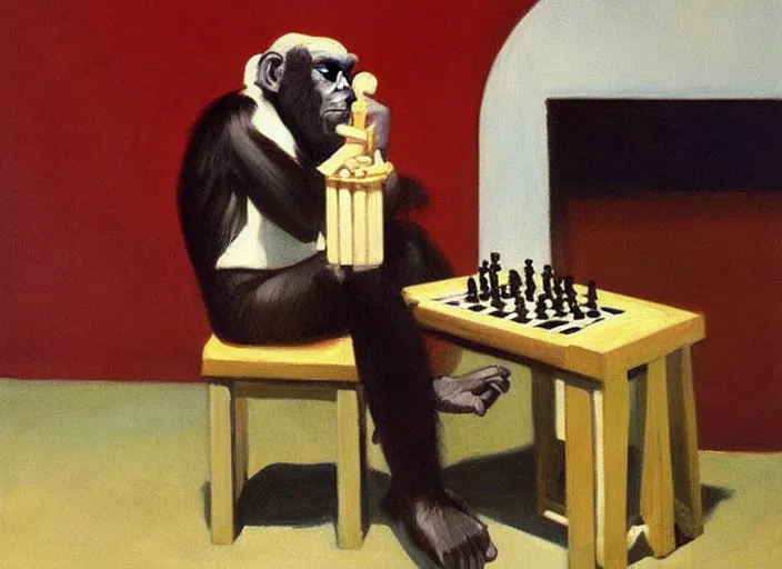 Image similar to a very very beautiful painting of a chimp playing chess in the style of edward hopper