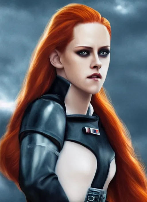 Image similar to kristen stewart portraying a beautiful mara jade from star wars legends, in a black suit, without lightsaber, movie, hyper realistic, hollywood promotional image, imax, 8 k