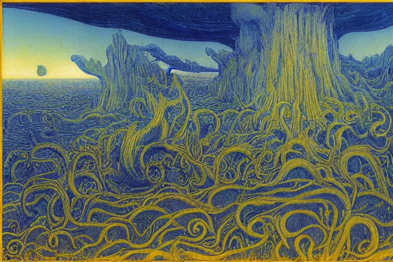 Image similar to lovecraftian landscape, another world by Jean Delville