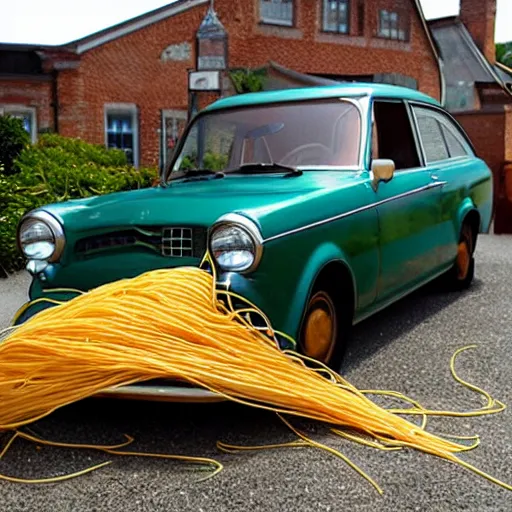 Prompt: car made out of spaghetti