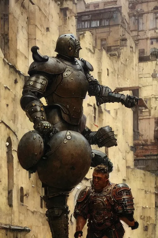 Image similar to a soldier on city street accompanies martyn ford as a huge bipedal dhell emon with bulbous torso wearing armour, painted by ruan jia, raymond swanland, lawrence alma tadema, zdzislaw beksinski, norman rockwell, jack kirby, tom lovell, alex malveda, greg staples