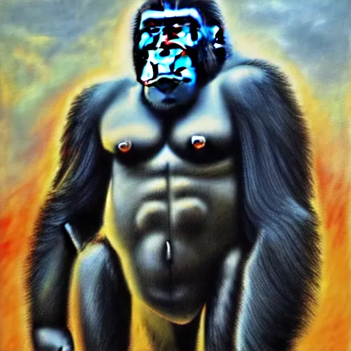 Prompt: powerful gorilla male monumental standing, epic atmosphere, cinematic, medium shot, painted by Piotr Jablonsky