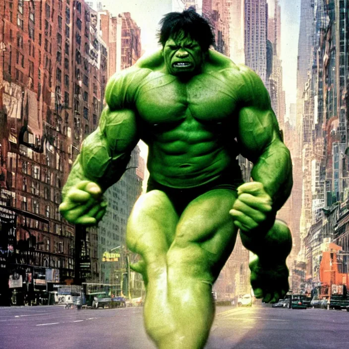 Image similar to a color photo portrait of the incredible hulk looking angry in new york city by richard avedon dramatic lighting.