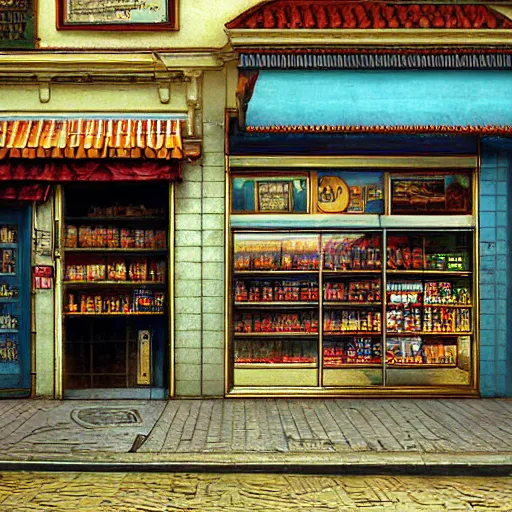Prompt: A fantasycore photograph of a convenience store with photograph of 2099 portugal lisbon on the street of a very highly detailed eldritch city digital rational painting art by Greg Rutkowski, a 12x(very) much detailed Dimensional cyan gold natural light, highly detailed by alphonse mucha, a 12x(very) much detailed by Eta Cru and James Gurney and Donato Giancola, composition by alphonse mucha