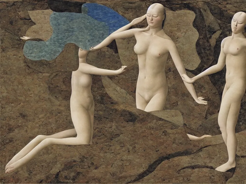 Prompt: Woman transforming into a river sculpted by Henri Moore. Painting by Piero della Francesca, Alex Colville