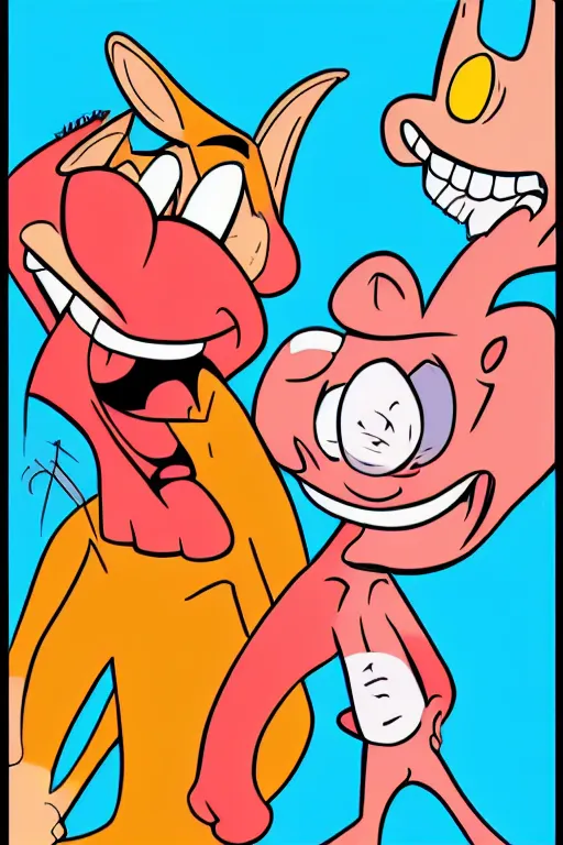 Prompt: cartoon drawing of ren and stimpy as older characters