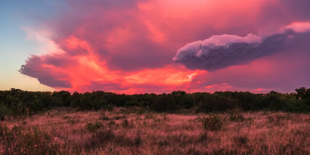 Prompt: photograph of a cummulonimbus cloud on a pink, orange, red and purple sunset, dslr landscape photography, highly detailed