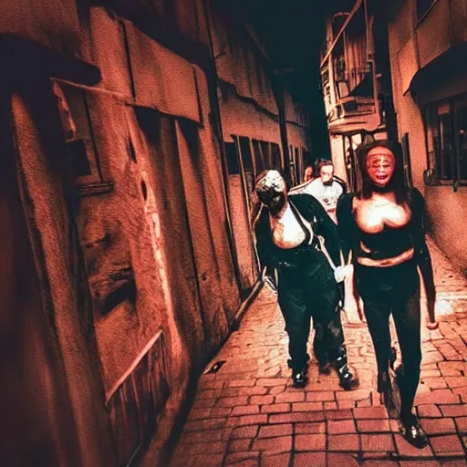 Image similar to men and women captured by evil walking the streets. footage of terrifying disfigured people roaming dark streets, very gory hyperrealistic vivid horror. photographed by dr seuss on instagram in full colour hd hdlr photography by national geographic