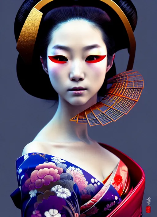 Image similar to beautiful photography of a sensual japanese geisha wearing vr eyepiece, intricate geisha kimono, robotic, android, cyborg, cyberpunk face, steampunk, fantasy, intricate, elegant, highly detailed, colorful, vivid color, digital photography, cool warm lighting, artstation, concept art, art by artgerm and greg rutkowski and ruan jia,