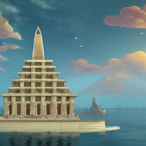 Prompt: a floating Olympian temple in the sky in the style of Miyazaki, highly detailed, 4k, artstation