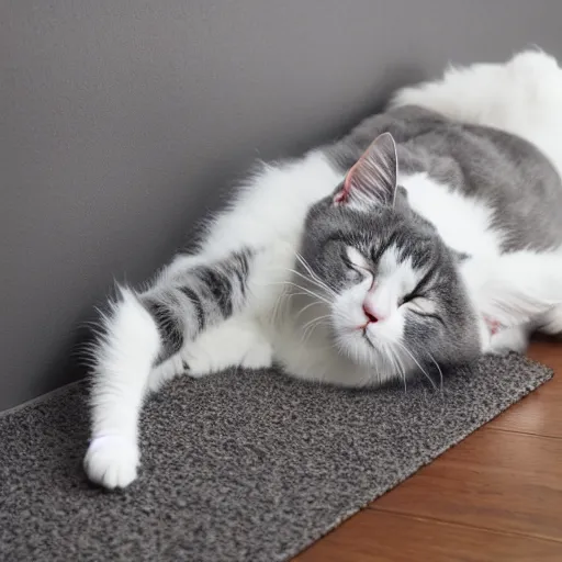 Prompt: gray and white cat sleeping on the hardwood floor, ragdoll cat, sleeping on his side, fluffy, dimly lit room