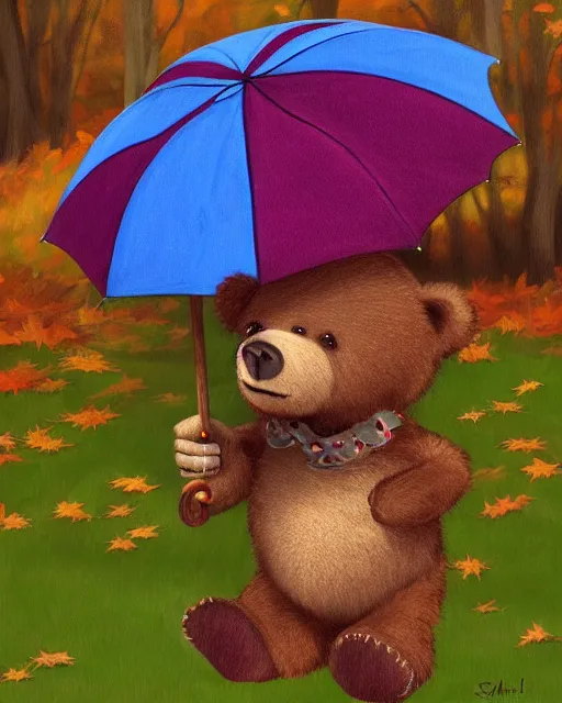 Image similar to autumn a bear with an umbrella by samuel smith trending on artstation