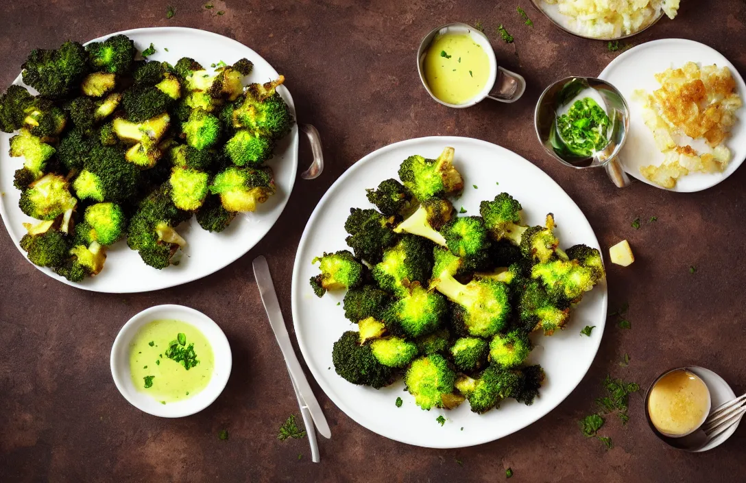 Image similar to deep fried broccoli, side of potatoes, food photography, award winning, michelin star restaurant