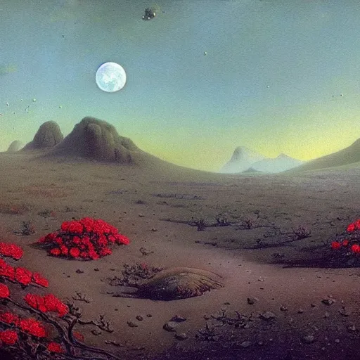 Image similar to a landscape on the moon with many craters, barren moon landscape, in a big crater at the center there is a beautiful flowering garden, 8 k, lowbrow in the style of martin johnson heade and daniel merriam and roger dean,