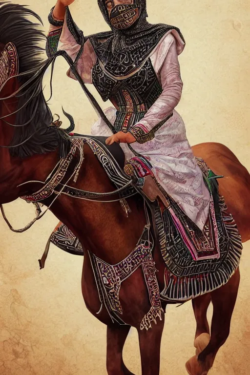 Image similar to hyperrealistic portrait from middle eastern mask woman riding horse, super highly detail, accurate, without duplication content, gta chinatown wars art style, white border frame median 5, medium close up shot, justify content center, symmetrical