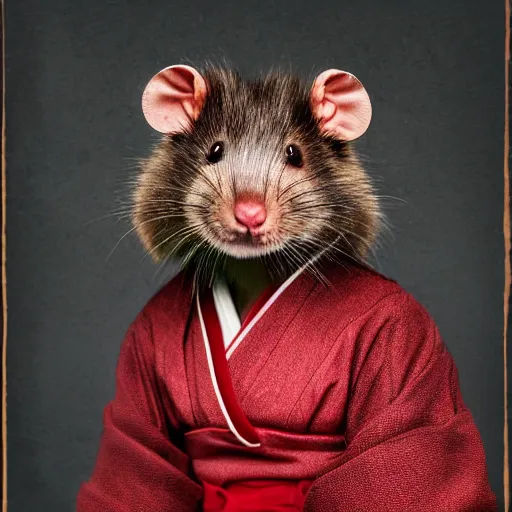 Image similar to a portrait of a human-rat hybrid with brown fur wearing a red kimono, hyper realistic, photography, film still