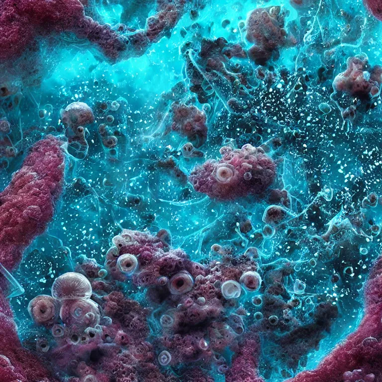 Image similar to a close up of an animal under water, living fungal colony, tryptophobia mushroom, rhizomorphic mycelium hyphae, space nebula look, a microscopic photo by alberto seveso, featured on zbrush central, nuclear art, rendered in cinema 4 d, octane render, polycount