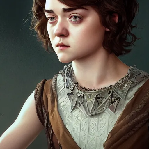 Image similar to ultra realistic illustration, maisie williams, intricate, elegant, highly detailed, digital painting, artstation, concept art, smooth, sharp focus, illustration, art by artgerm and greg rutkowski and alphonse mucha