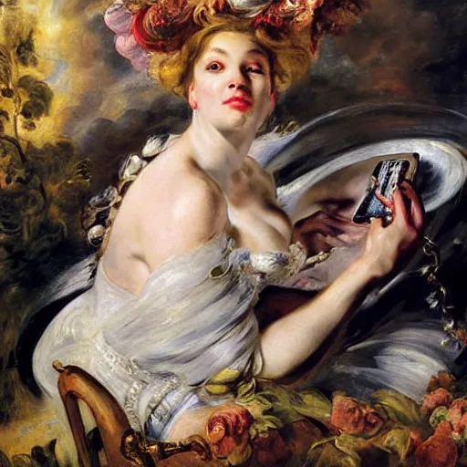 Image similar to heavenly summer sharp land sphere scallop well dressed lady watching netflix on a tv, auslese, by peter paul rubens and eugene delacroix and karol bak, hyperrealism, digital illustration, fauvist, watching netflix on a tv