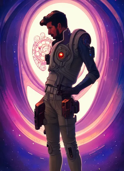 Prompt: side profile centered portrait, man with a gun, a spaceship in the background, by artgerm, cushart krenz, jame jean art, storyboard, west world show, mucha. art nouveau. gloomhaven, swirly vibrant ripples, gaudy colors, sharp edges. poster, 8 k. elegant, intricate, octane render