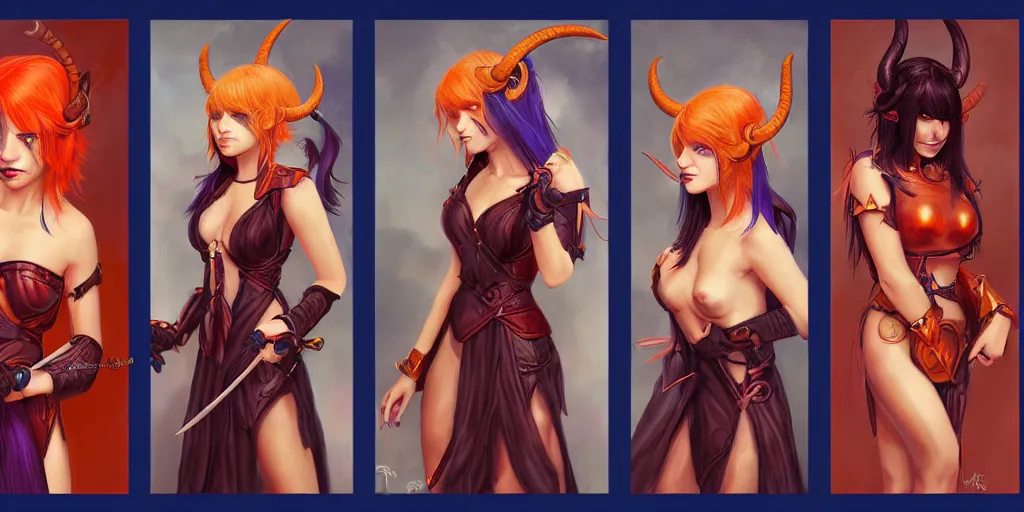 Prompt: triptych of youthful female feminine horned tiefling female bard with long blue bob cut hairstyle, her skin is orange and tanned, and her eyes are pure black orbs, and she is wearing colorful leather armor by rossdraws,