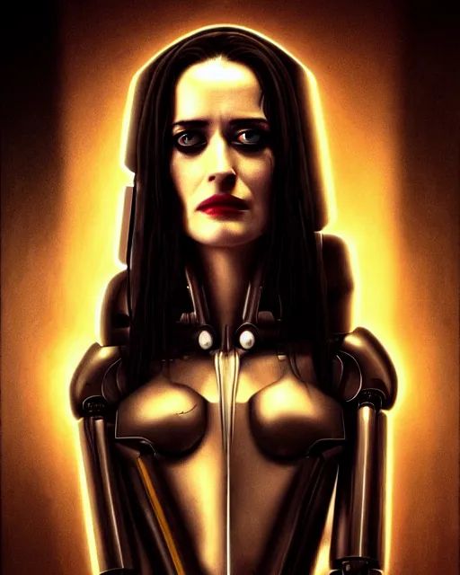 Image similar to eva green, robot, character portrait, portrait, close up, concept art, intricate details, highly detailed, sci - fi poster, cyberpunk