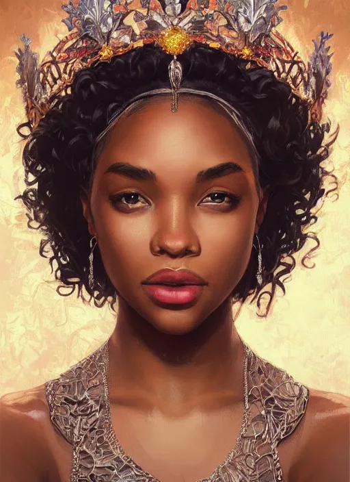 Image similar to portrait of a stunningly beautiful young black woman wearing a crown, highly detailed, digital painting, artstation, concept art, sharp focus, illustration, art by artgerm and greg rutkowski and alphonse mucha, incredibly beautiful and symmetrical face, incredibly detailed, award winning art, royal