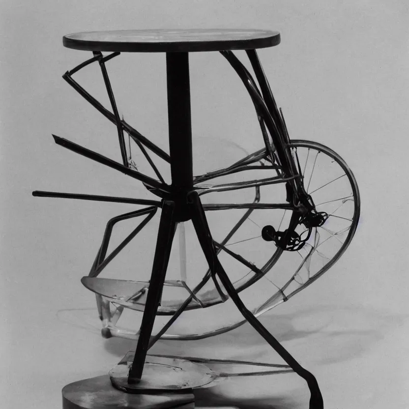 Image similar to an impossible quantum readymade object named Roue de Bicyclette sur tabouret, by Marcel Duchamp on a pedestal, packshot, by Irving Penn and Man Ray, 4k