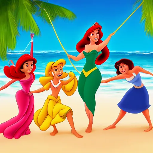 Image similar to disney princesses raya, ariel, and tiana, all playing with hula hoops on the beach, disney style digital art, high quality, 4 k