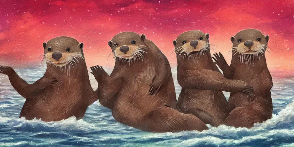 Image similar to A pair of adorable otters falling in love holding hands side by side, all alone in the middle of a huge storm at sea, fantasy illustration, cinematic, dreamlike, Award winning, romance, detailed trending on art station masterpiece