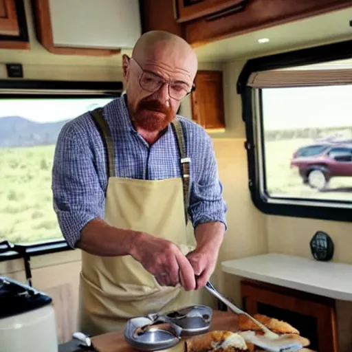 Prompt: Walter White cooking breakfast in an RV