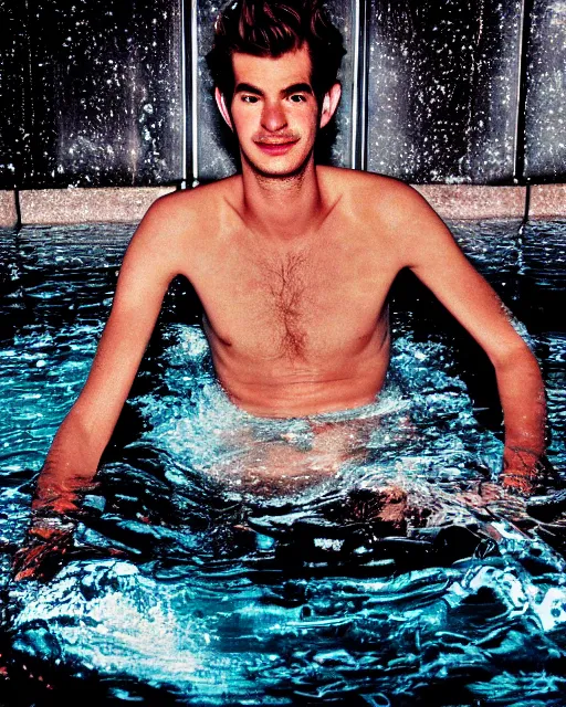 Prompt: a cursed image of andrew garfield in a dark, empty swimming pool, really scary, looking this way.