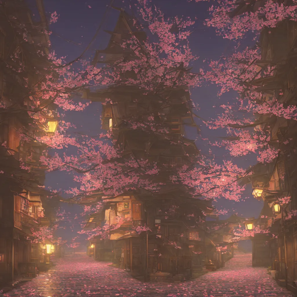 Image similar to Japanese street at night, cherry blossom petals, highly detailed, 3D render, digital art, artstation, 8K photography, matte photo-realistic, vivid colors, moody cool temperature, by Hayao Ghibli Miyazaki, breath of the wild style