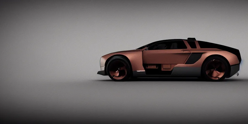 Image similar to a design of a futuristic DMC Delorian, designed by Polestar, blade runner background, back view, light copper car paint, black windows, sportscar, black show room, dramatic lighting, octane rendering, unreal engine rendering, hyper realistic render, depth of field, octane rendering